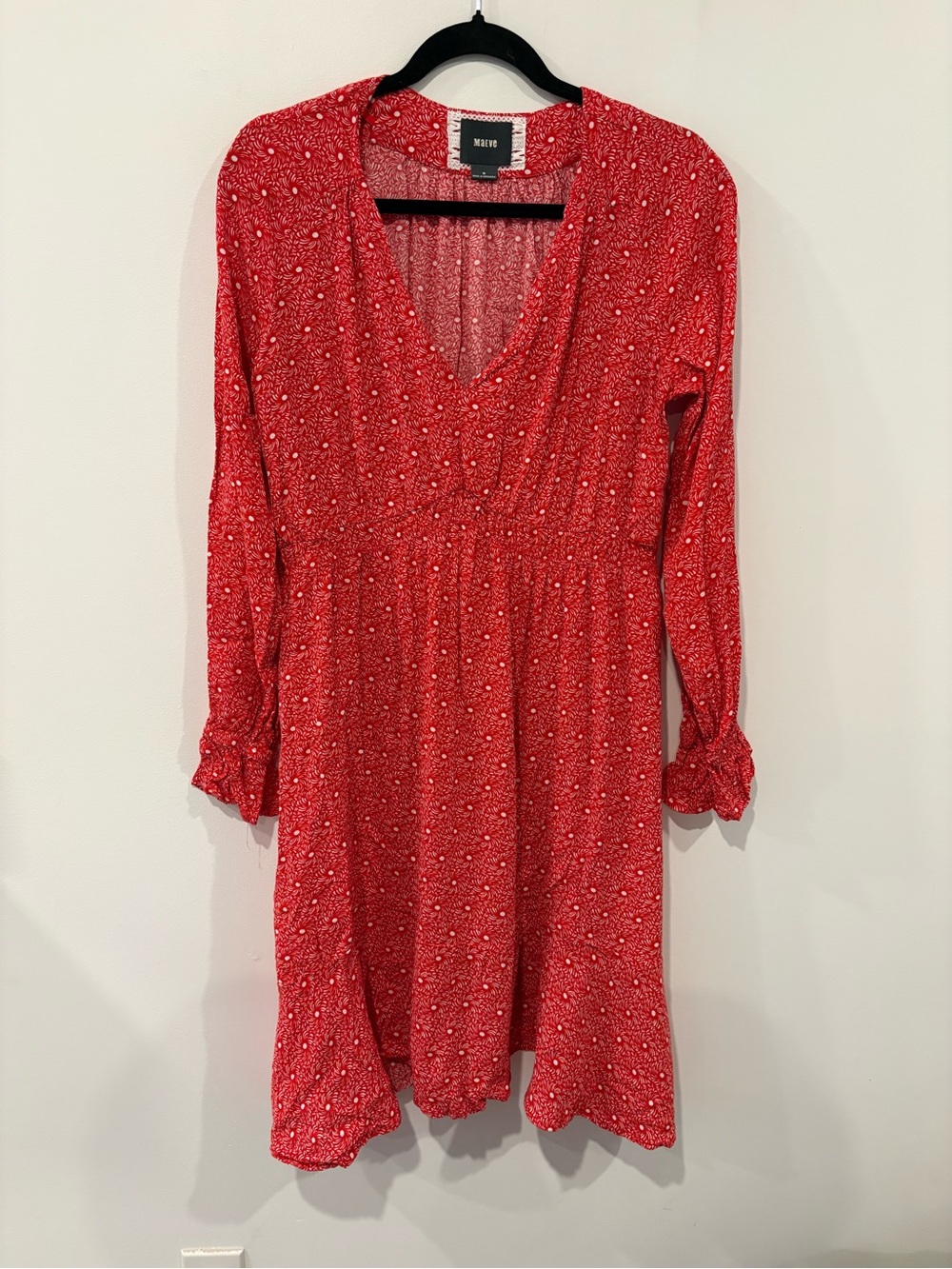 Maeve Anthropologie Red Printed Long Sleeve V-Neck Dress